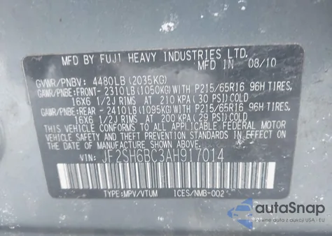 2010 Subaru Forester 2.5X z USA, uszkodzony, nr VIN JF2SH6BC3AH917014